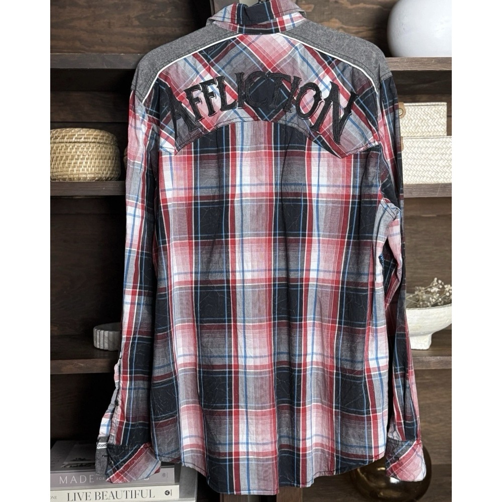 Affliction Black Premium Men's L Western Red Plaid Pearl Snap Shirt Embroidered - Picture 6 of 8